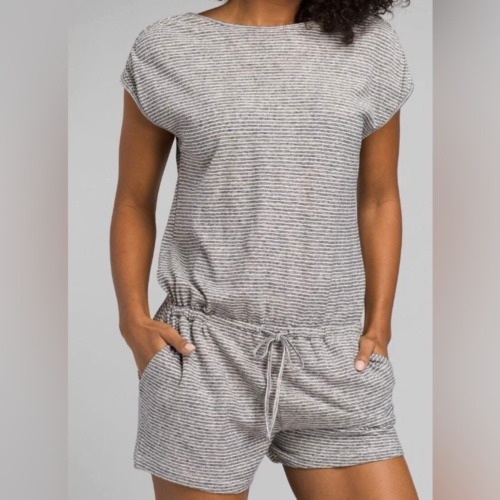 Prana Retrieve Romper stripe sleeveless jersey hem organic cotton one-piece - Picture 2 of 14